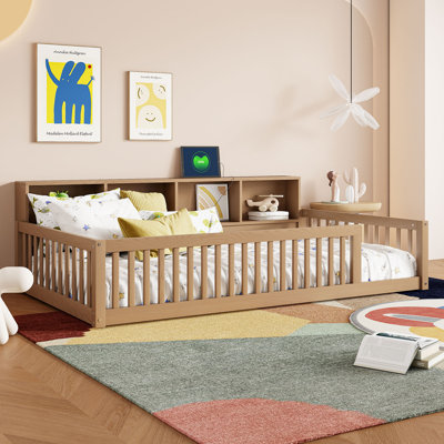 Wood Floor Bed With Storage Cabinets And USB Ports