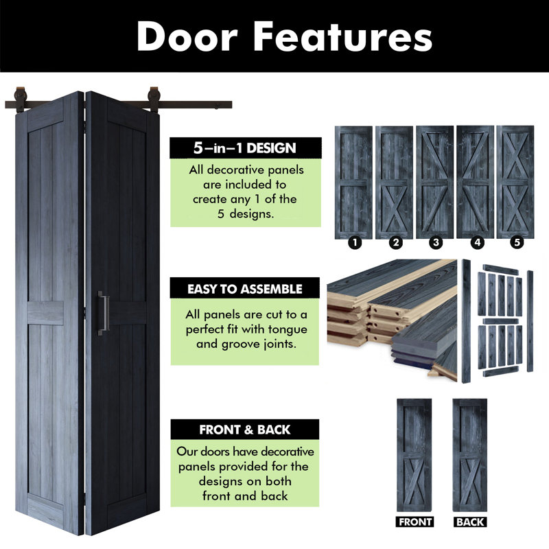 Porte de grange haut de gamme non assemblée et fini 84 po Homacer, deux portes de 22 po x 84 po avec quincaillerie de fixation supérieure pliable