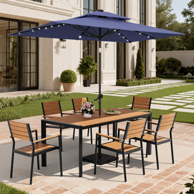 6-Person Aluminum Outdoor Dining Set with Stacking Chairs, Solar LED Light Umbrella and Weighted Base