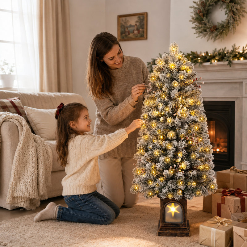 Pre Lit Snow Flocked Pencil Christmas Tree, Small Christmas Tree, Xmas Tree with Warm White Lights, 8 Light Modes, with pine cones and berries for Home and Office Decor