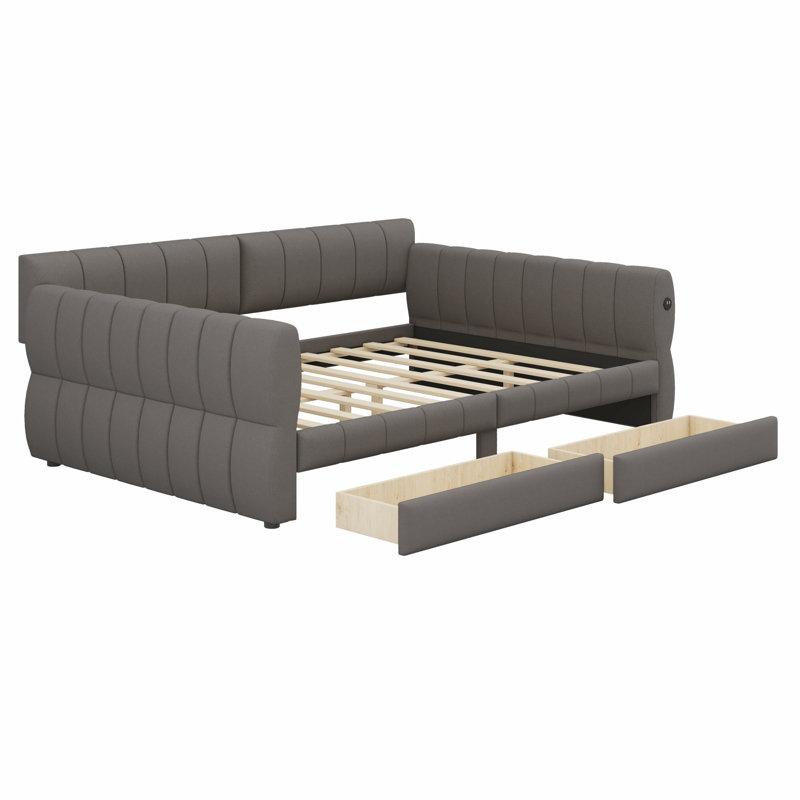 Lit plateforme tapissier avec port USB, 2 tiroirs, tête de lit et accoudoirs, Gris