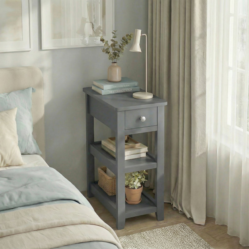 24'' Tall End Table, Narrow Side Table with Drawer and Shelves for Small Space, Gray, 1