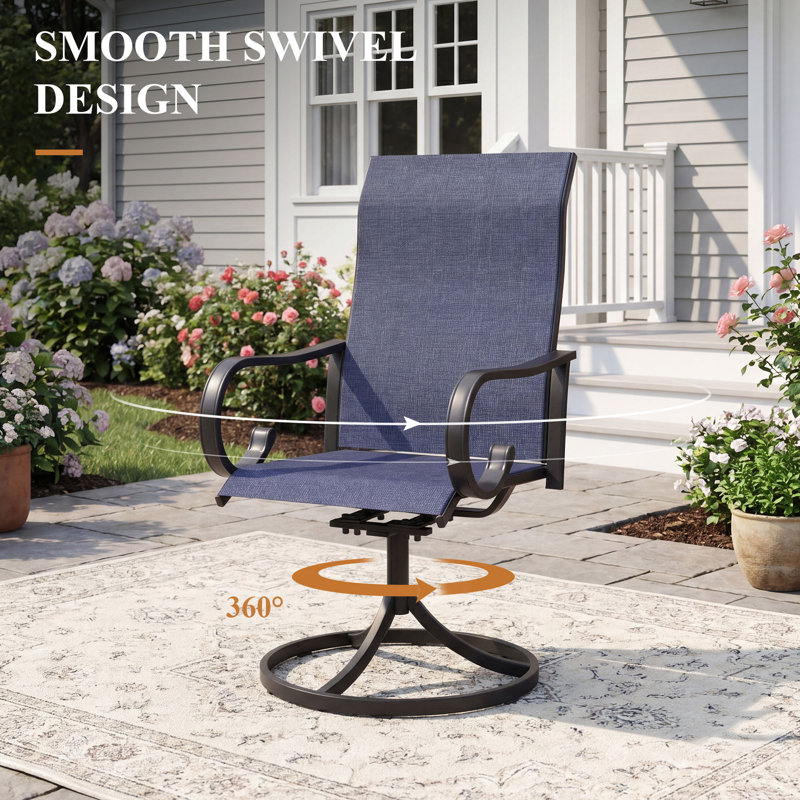 9-Piece Square Patio Dining Set With Swivel Armchairs, Black, Blue/Black