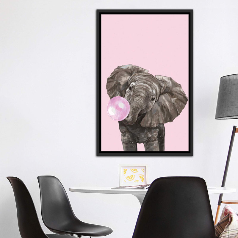 Art d’éléphant de gomme à bulles, H 60 po x l 40po x P 1,5 po, Toile avec cadre noir patiné