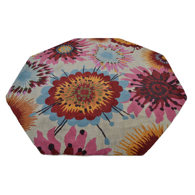 Bibiano Hand Tufted Wool Eco-Friendly Area Rugs - Octagon, Cream Color, Floral Modern Design, High Pile Thick Handmade Anti Skid Area Rugs for Living Room, Bed Room