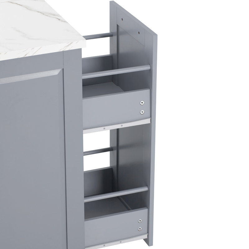 Îlot de cuisine avec plateau rabattable imitation marbre et rangement pour poubelle, Bleu gris