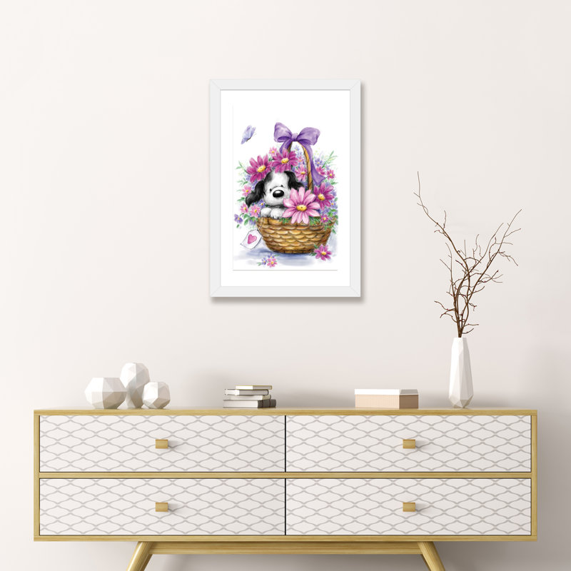 «Gray Dog in Basket» par Makiko - impression d'art graphique, Papier encadré blanc, Blanc, H 24 po x l 16 po x P 1 po