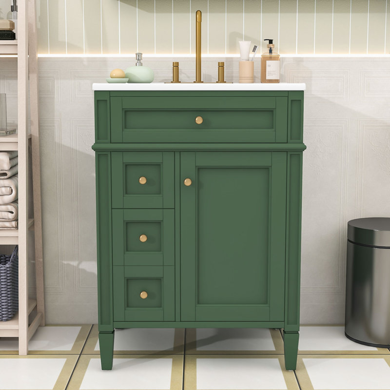 Meuble-lavabo compact 24 po avec lavabo en céramique, 3 tiroirs, organisateur de porte et tablette réglable, Vert
