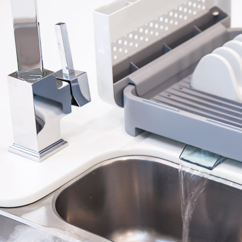 White and Gray Foldable Plastic Countertop Dish Rack with Utensil Cup
