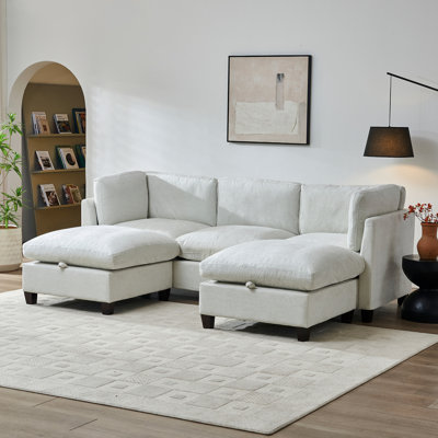  Canapé modulaire 96,5 po avec 2 repose-pieds, grand canapé rembourré confortable en forme de L pour le salon, beige