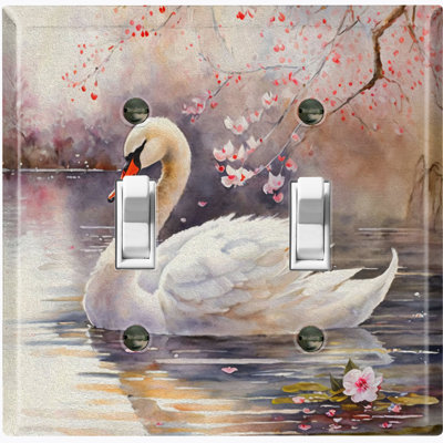 Elegant Swan Lake Sakura Flower Tree 2 - Gang Toggle Light Switch Standard Wall Plate