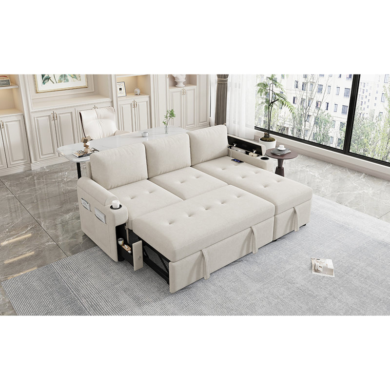 Spacieux en forme de L avec lit convertible, grand rangement, porte-gobelets et ports pour les poches de rangement latérales et les chargeurs
