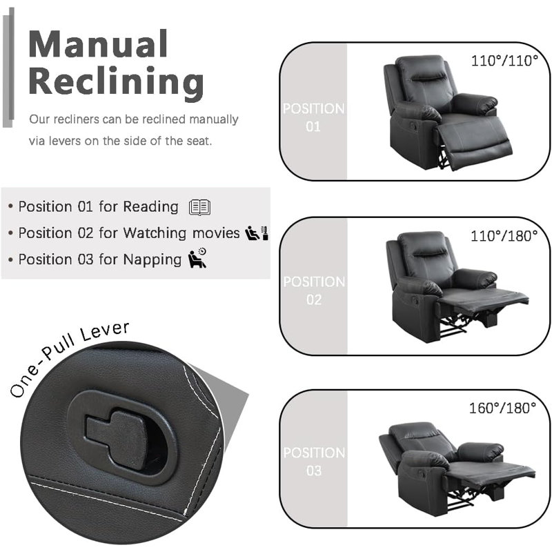 3-Piece Manual Reclining Living Room Sofa Set, Black