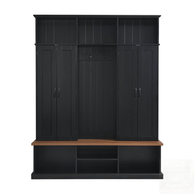 Entryway Hall Tree With Bench, 3 Top Cubbies & Bottom Storage Space, Farmhouse Coat Rack With Hooks & Cabinets For Entryway, Hallway, Mudroom, Living Room
