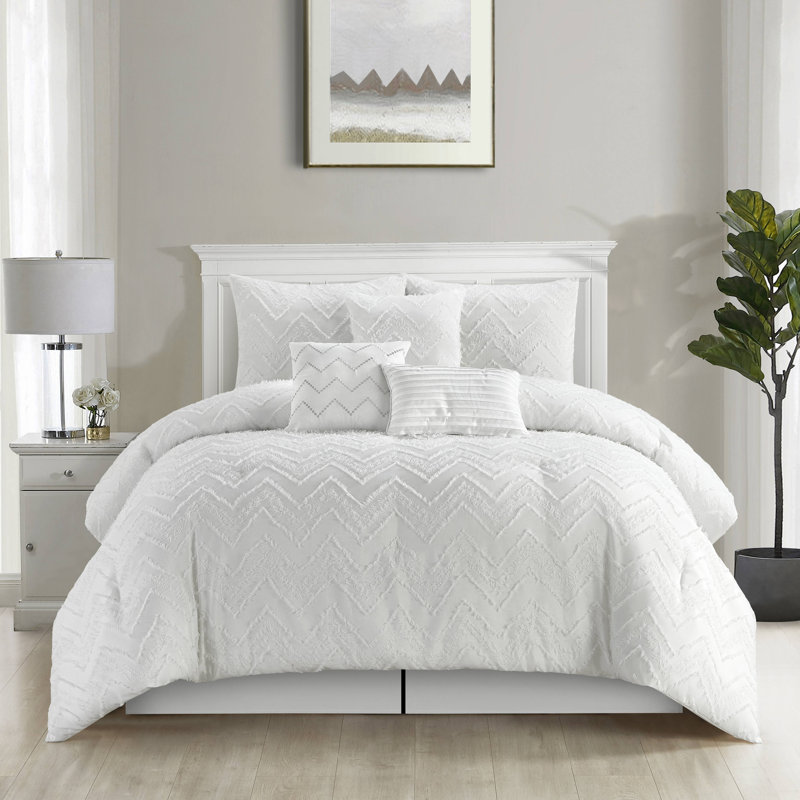 Farisa Microfiber 7 Piece Comforter Set, White, California King Comforter + 6 Additional Pieces 