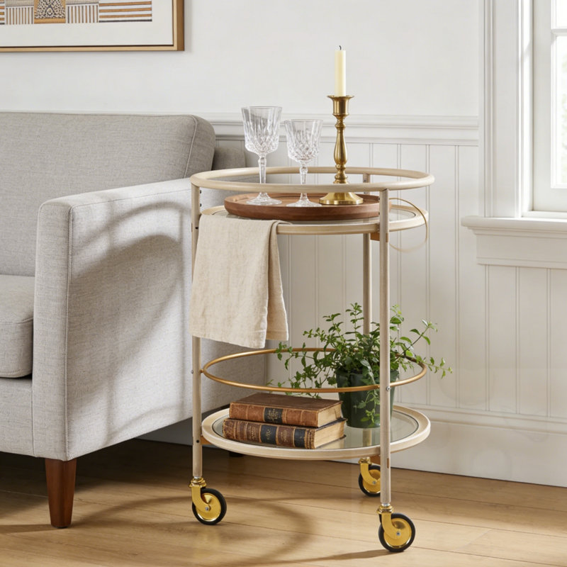 Chariot-bar rond avec tablettes en verre