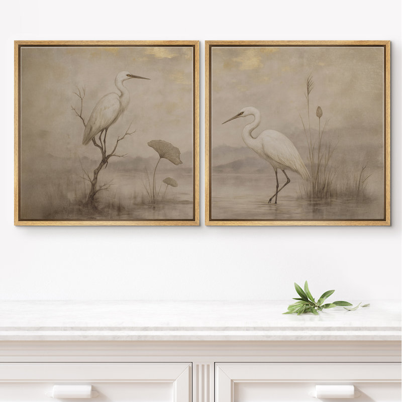 «Elegant White Egrets Lake Botanical Nature Scene», reproduction d'art sur toile encadrée dans la chambre principale