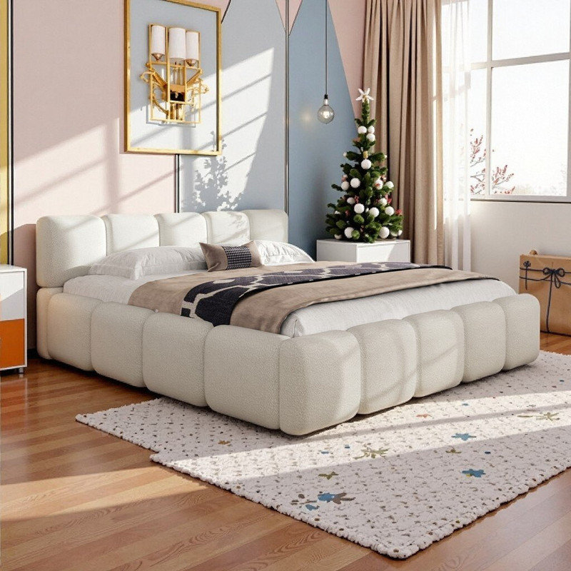 Lit plateforme très grand Dormal avec tête de lit et pied de lit en lin épais rembourrés, Très grand lit, Blanc
