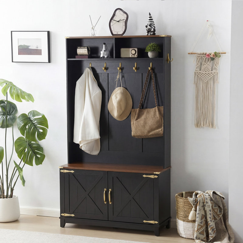 Arbre d'entrée 38 "avec banc et rangement pour chaussures - banc d'entrée avec portemanteau, 5 crochets, 2 compartiments ouverts, porte de grange et tablette réglable en noir