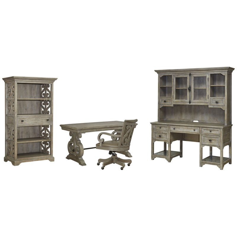 Writing Desk With Chair Bookcase Credenza And Hutch, 4 Pieces: Desk, Chair, Bookcase, Credenza
