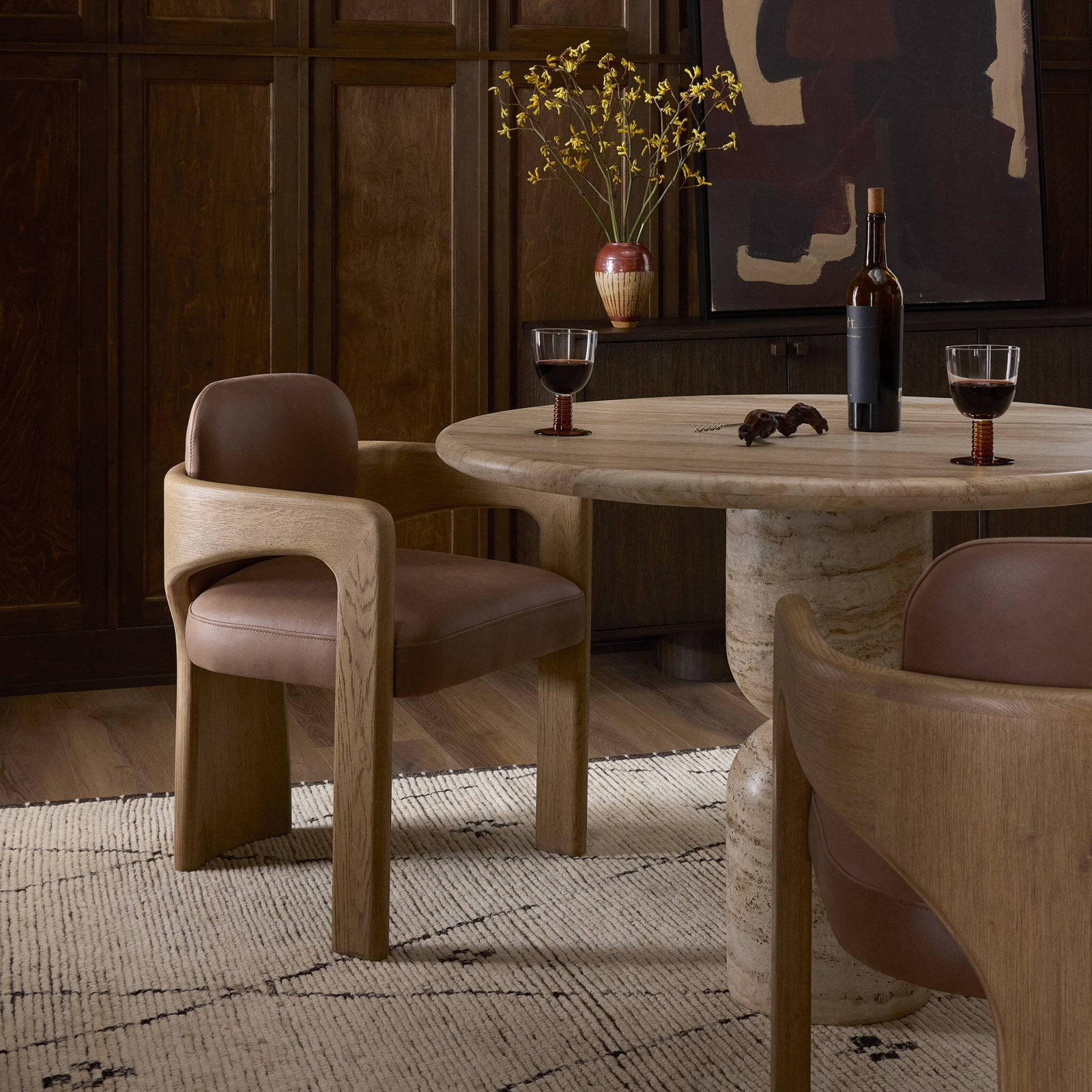 Aideen Genuine Leather Oak Dining Armchair, Palermo Cigar