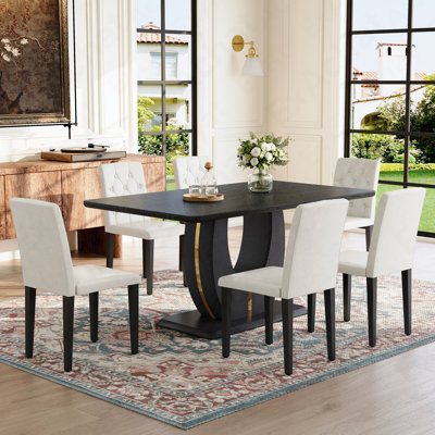  Ensemble de table de salle à manger en bois et grain de bois pour 4 personnes, ensemble de table de salle à manger moderne en bois aggloméré de 63 po. Assorti de 6 chaises en polyuréthane blanc avec boucle décorative sur le dossier. Pour appartement, salle à manger, cuisine, etc.