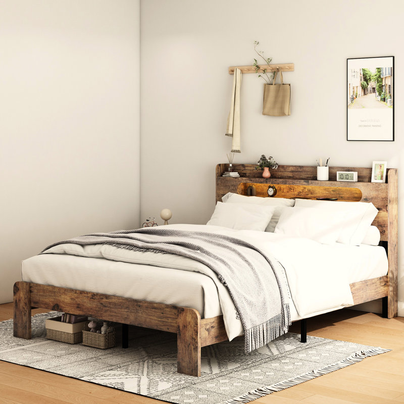 Très grande base de lit très grand en bois brun foncé avec tête de lit à rangement à DEL et 2, fonction silencieuse, pas de sommier tapissier, étapes d'assemblage simples, grande surface pour moins d'espace, assemblage facile, compartiment spacieux