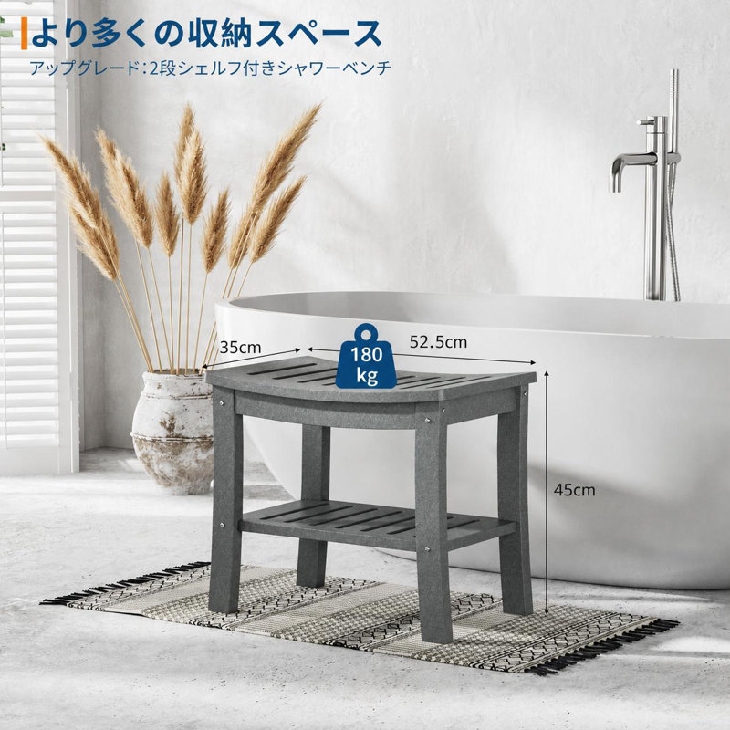 Banc de douche imperméable en PEHD de 20,6 pouces avec tablette de rangement, tabouret de salle de bain robuste et antidérapant pouvant supporter jusqu'à 400 lb, siège de spa pour personnes âgées et rasage