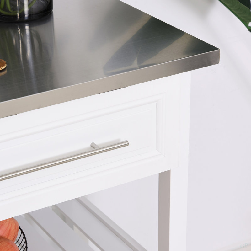 Îlot de cuisine avec plateau en acier inoxydable, tablettes ouvertes et tiroirs