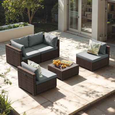 5-Piece Wicker Patio Conversation Sets with Coffee Table and Cushions, Dark Gray