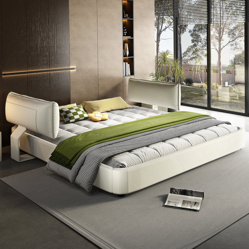 Très grande base de lit Cloud avec tête de lit mobile surdimensionnée et rembourrée, lit tapissier en chenille avec coin rond, support double en lattes de bois massif et métal, pas de sommier nécessaire, beige / blanc