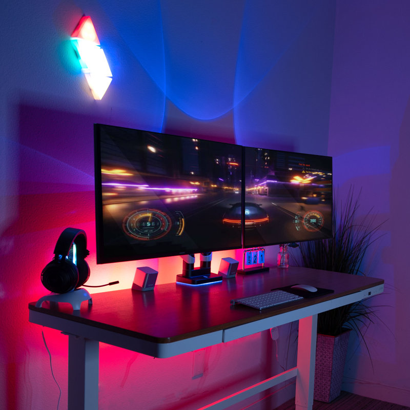 Matte Black and Grayish White Dual Monitor Desk Mount with RGB Lights