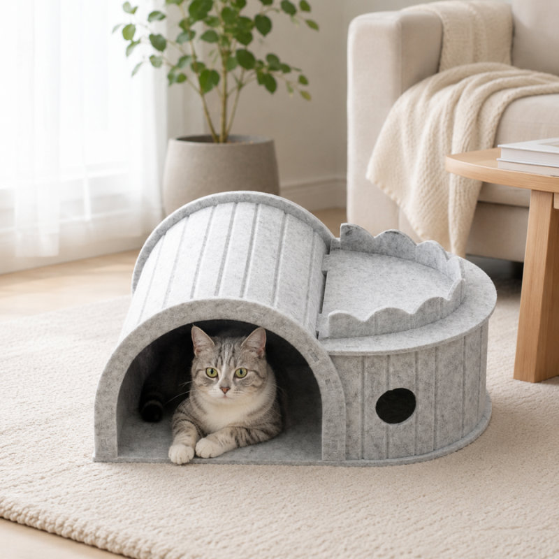 Maison de chat moderne en feutre avec tunnel caché, plateforme de salon surélevée et trou de coucou, Gris