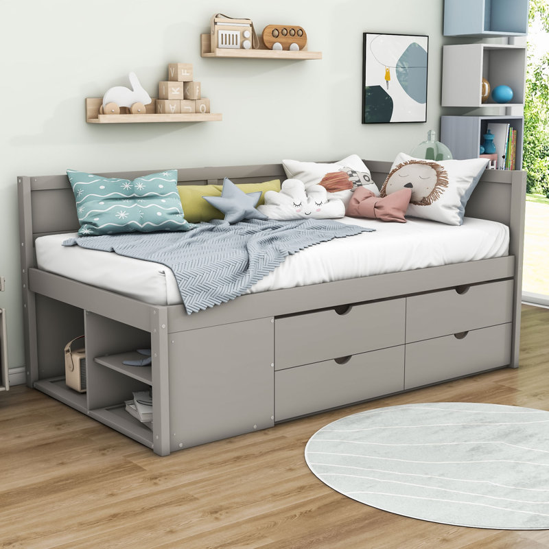 Lit de jour en bois Nagako, Gris, Lit simple