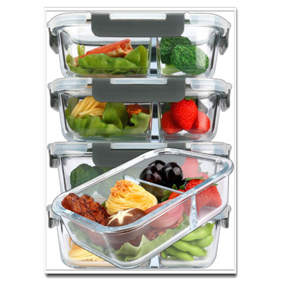 Paquet de 5 contenants de préparation de repas en verre 36 oz (4,5 tasses) - 2 compartiments (contrôle des portions), couvercles verrouillables améliorés, va au micro-ondes / four / congélateur / lave-vaisselle