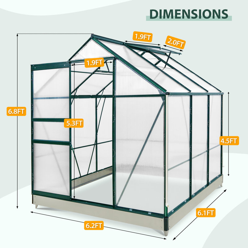 6.2 ft x 6.2 ft Walk-in Aluminum Frame Polycarbonate Hobby Greenhouse