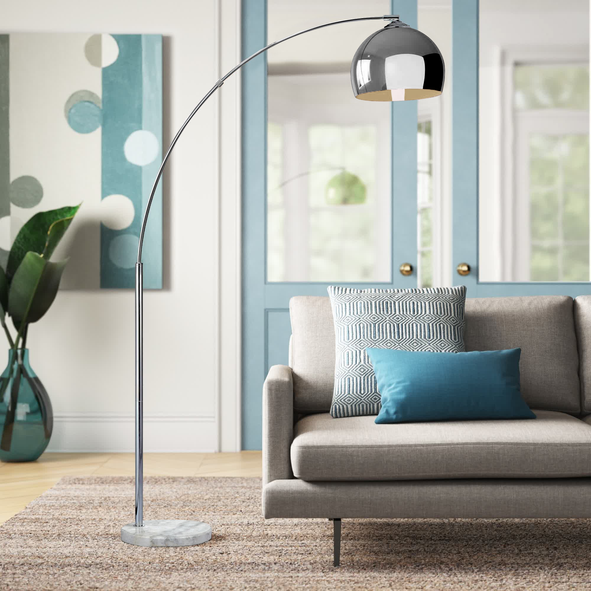 Modern 67" Arc Floor Lamp with Curved Metal Shade, Weighted Marble Base & Foot Switch for Living Room or Bedroom