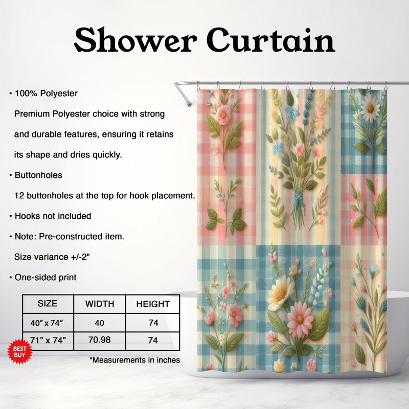 Ensemble de rideau de douche standard 1 pièce Bunny Gingham, H 74 po x l 40 po
