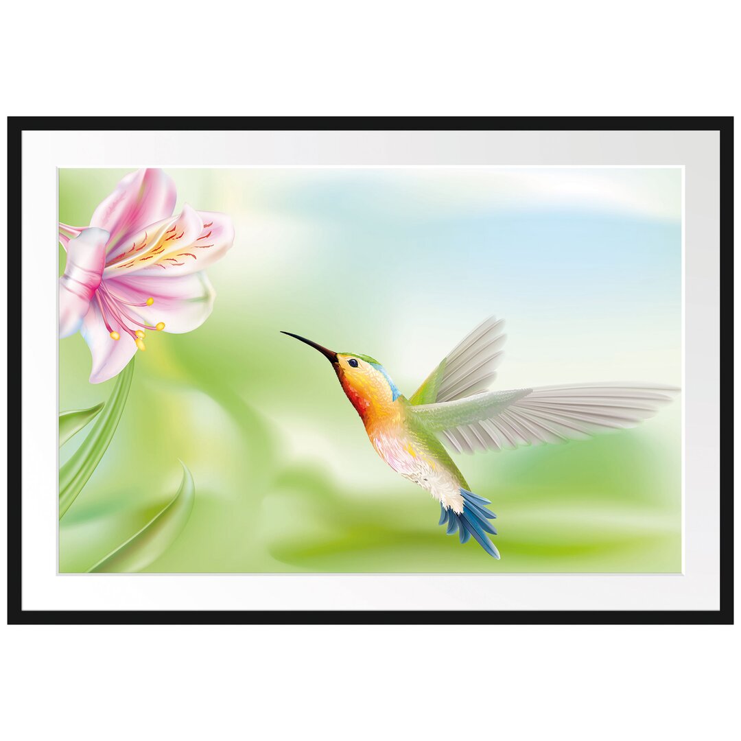 Gerahmtes Poster Wunderschöner Kolibri mit Blüte