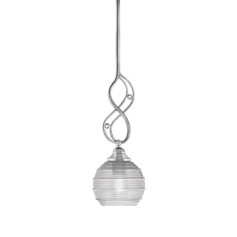 Mini-luminaire suspendu à tige Jazz illustré en finition chromée avec verre nervuré de 6 po, Chrome chrome