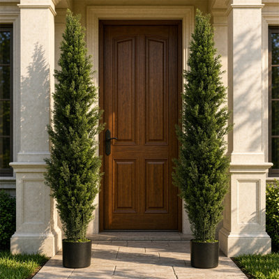 Faux Cypress Tree Plant in Cement Freestanding Planter