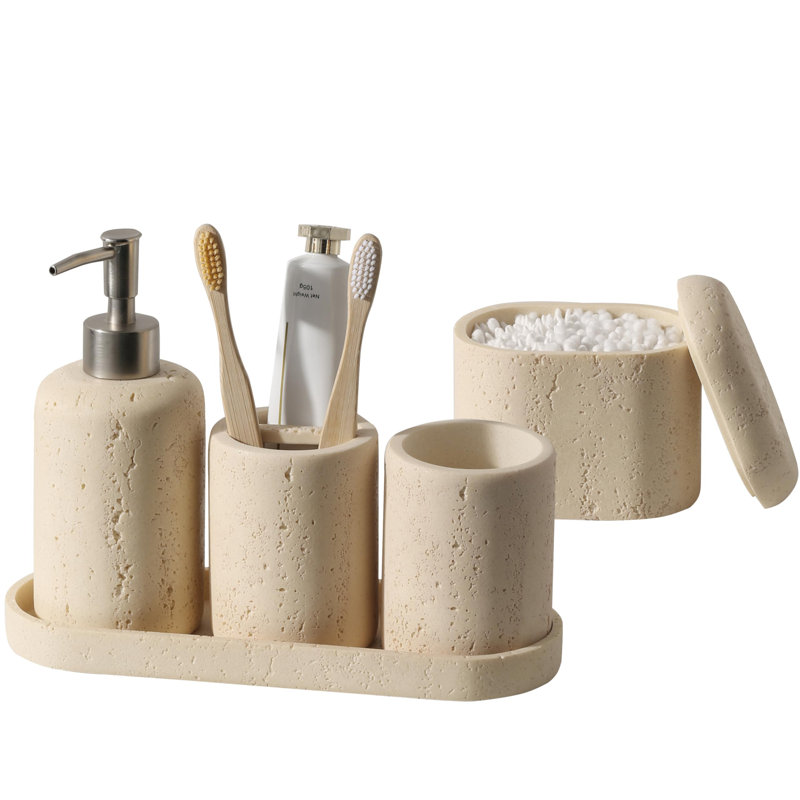 Ensemble d'accessoires de salle de bain, ensemble d'accessoires de salle de bain moderne 5 pièces avec distributeur de savon, porte-gobelet et porte-brosse à dents, support Cotton Swab, plateau