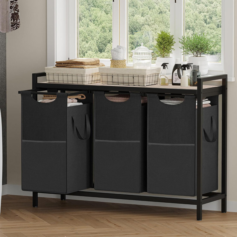 Heybly 3-Bag Laundry Hamper With Storage Shelf - Large Capacity Pull-Out Laundry Sorter For Laundry Room, Bathroom, And Dorm Organization