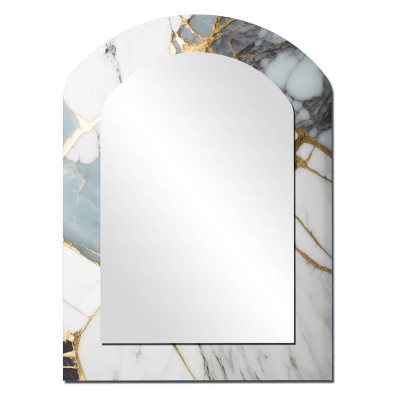 Géode abstraite or et marbre blanc I - grand miroir mural arqué sur métal, 34 po x 25 po