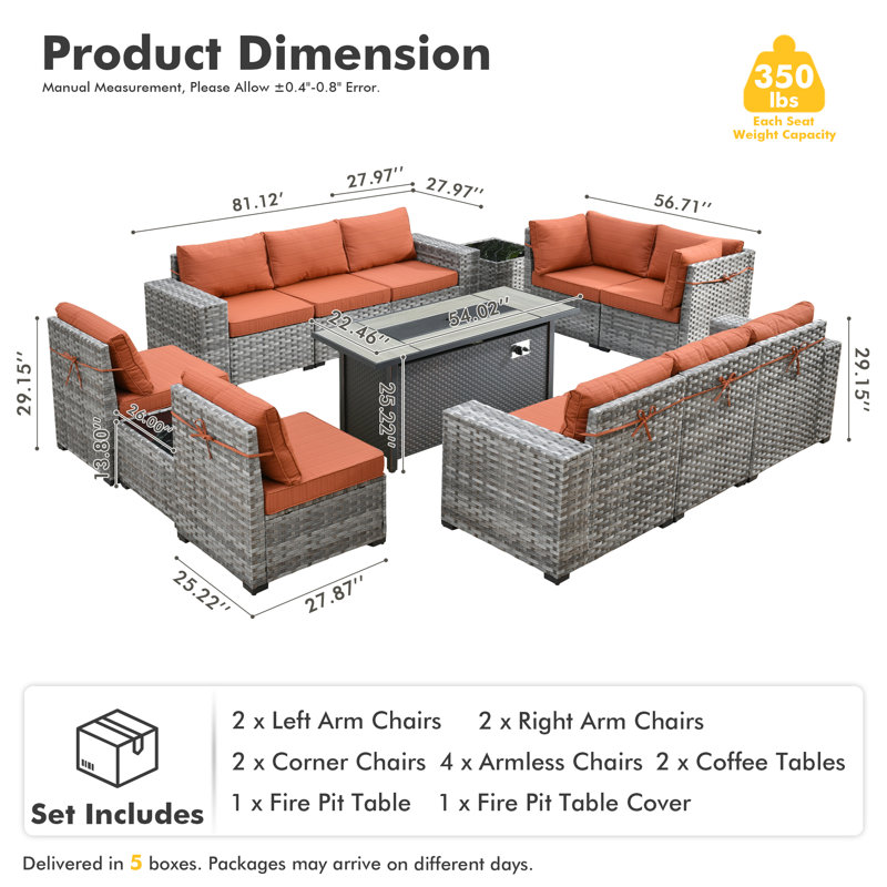 Bobia 13-piece Modular Outdoor Wicker Sectional Sofa Set With Propane Fire Pit Table, Wide Armrests, Rattan Patio Conversation Set With Coffee Table And Cushions