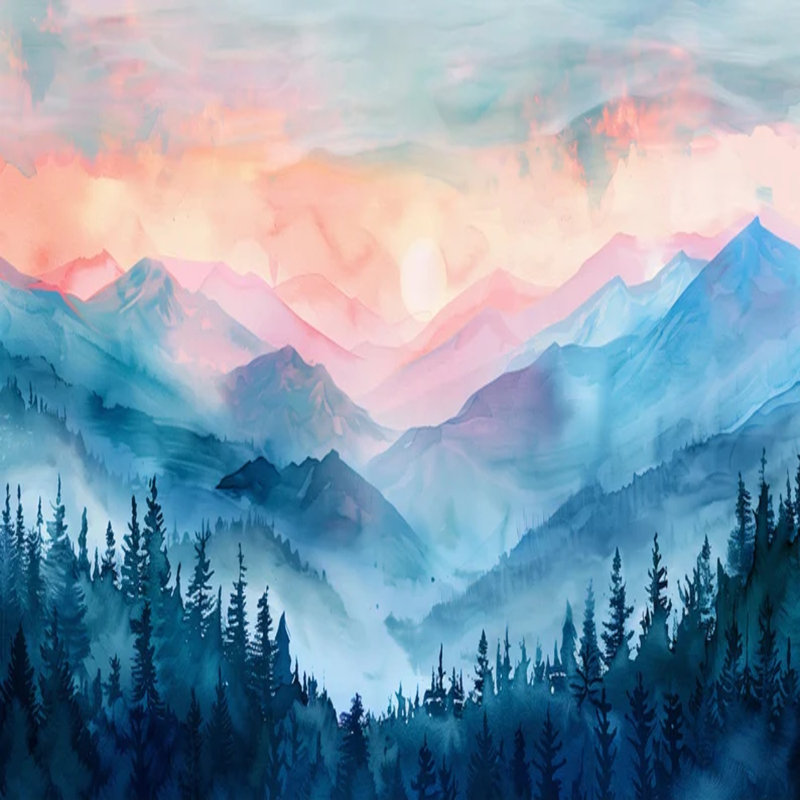 Paysage de lever de soleil à l'aquarelle tranquille, L 96 po x l 108 po