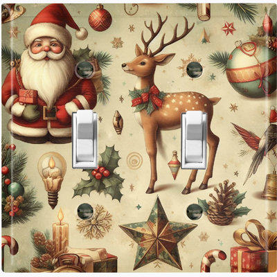 Metal Light Switch Plate Outlet Cover (Christmas Santa Reindeer Biege - Double Toggle)