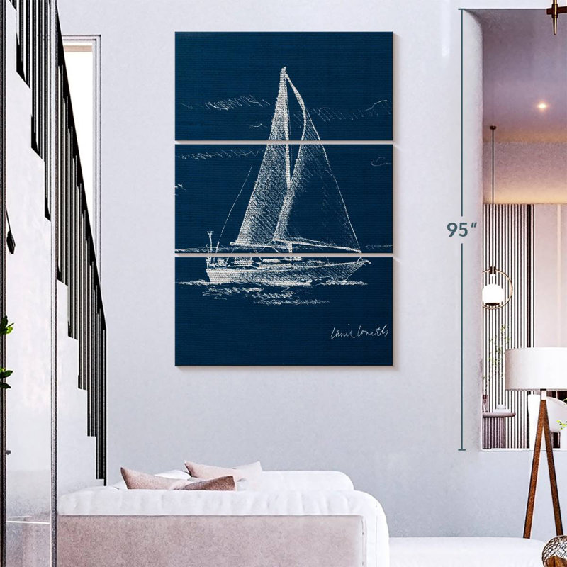 Voilier sur toile de jute bleue I, H 74 po x l 48 po