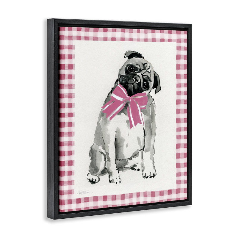  «Pug with Plaid Border», art mural sur toile par Carol Robinson, H 31 po x l 25 po, Cadre flottant noir de jais