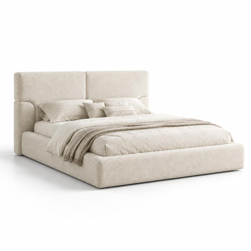 Cadre de lit plateforme moderne avec tête de lit rembourrée en polyester, sommier métallique discret, sans sommier tapissier, structure robuste en fer renforcé, support à lattes en bois massif